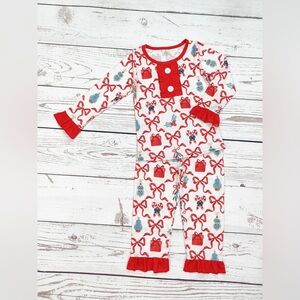 Bow Print Ruffle Girl Christmas 2 Piece Pajama Set 3T